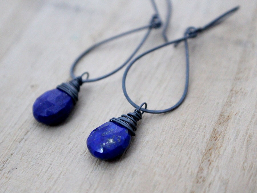 Lapis Lazuli Earrings In Sterling Silver, Blue Gemstone, Teardrop Earrings, Hoops