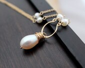 Pearl Gold Necklace, 14k Gold FIlled White Gemstone Pendant, June Birthstone, Wedding