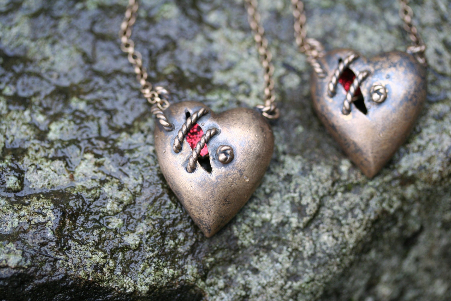 Dark Sea Sutured heart necklace bronze limited edition vintage scroll