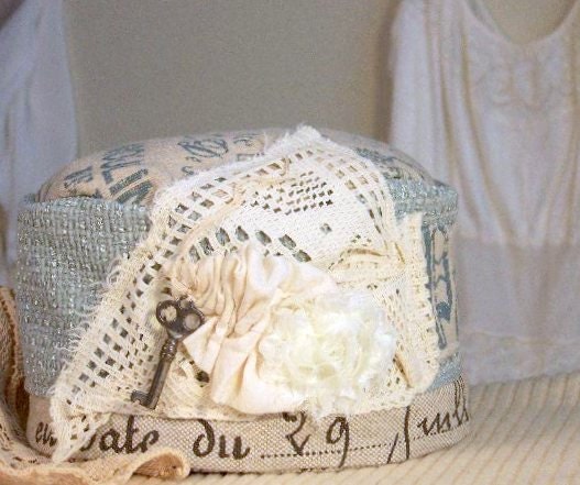 Ladies French Cap,EUROPEAN, home dec fabric, lace rose, skeleton key,lace muslin,linen