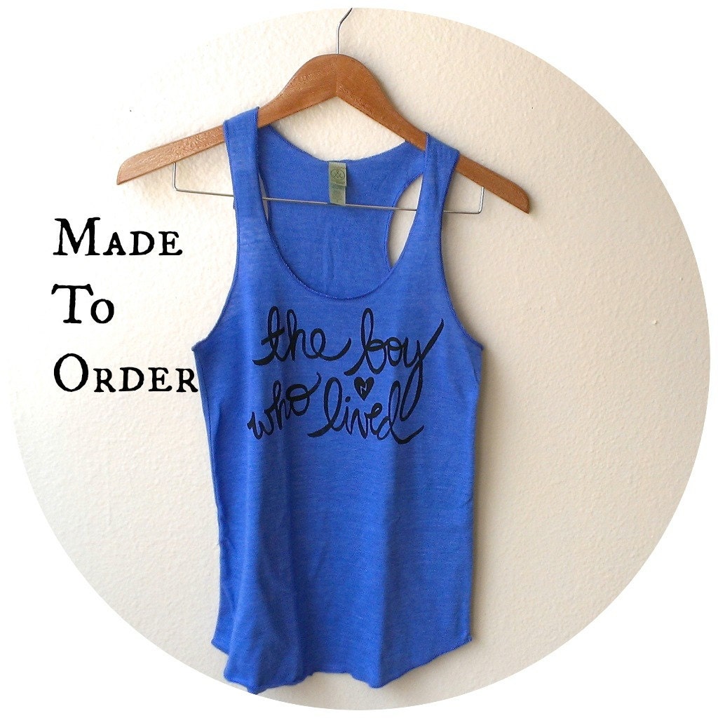 MADE TO ORDER Medium Harry Potter Shirt  "The Boy Who Lived". Eco Racerback Tank in Eco Royal