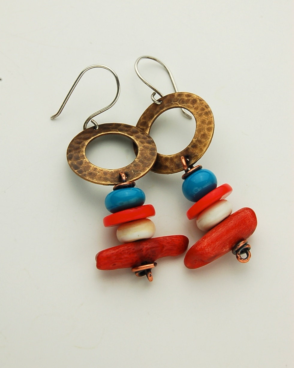 Ivory Turquoise and Coral Dangle Earrings