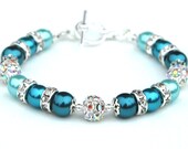 Teal Turquoise and Aqua Pearl Rhinestone Bracelet, Bridesmaid Jewelry, Wedding Party, Summer Wedding Jewelry