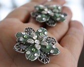 Bridal earrings crystals post green flower swarovski crystal
