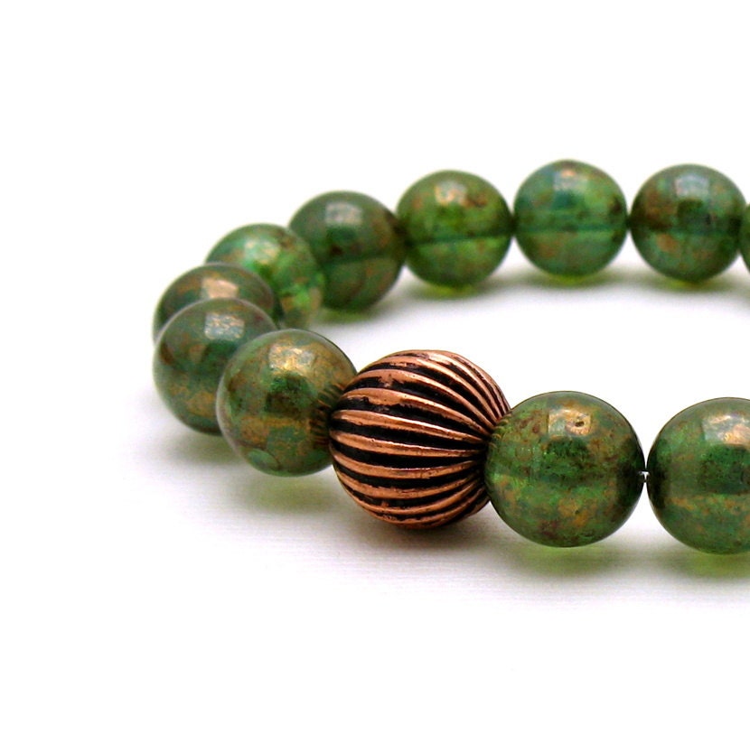 Modern Green Copper Beaded Bracelet  / Green Stretch Bracelet / Woodland / Urban - cooljewelrydesign