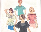 Sewing Pattern Peasant Blouse  Vintage 1970s