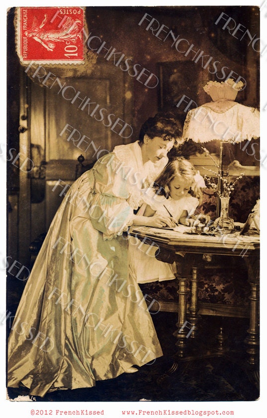Instant Download Mother helping Daughter Write Letter Victorian antique French postcard DIGITAL Scan