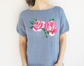 Cotton Blue Hand Knitted Sweater with Roses Pattern Plus Size Over Size by Afra