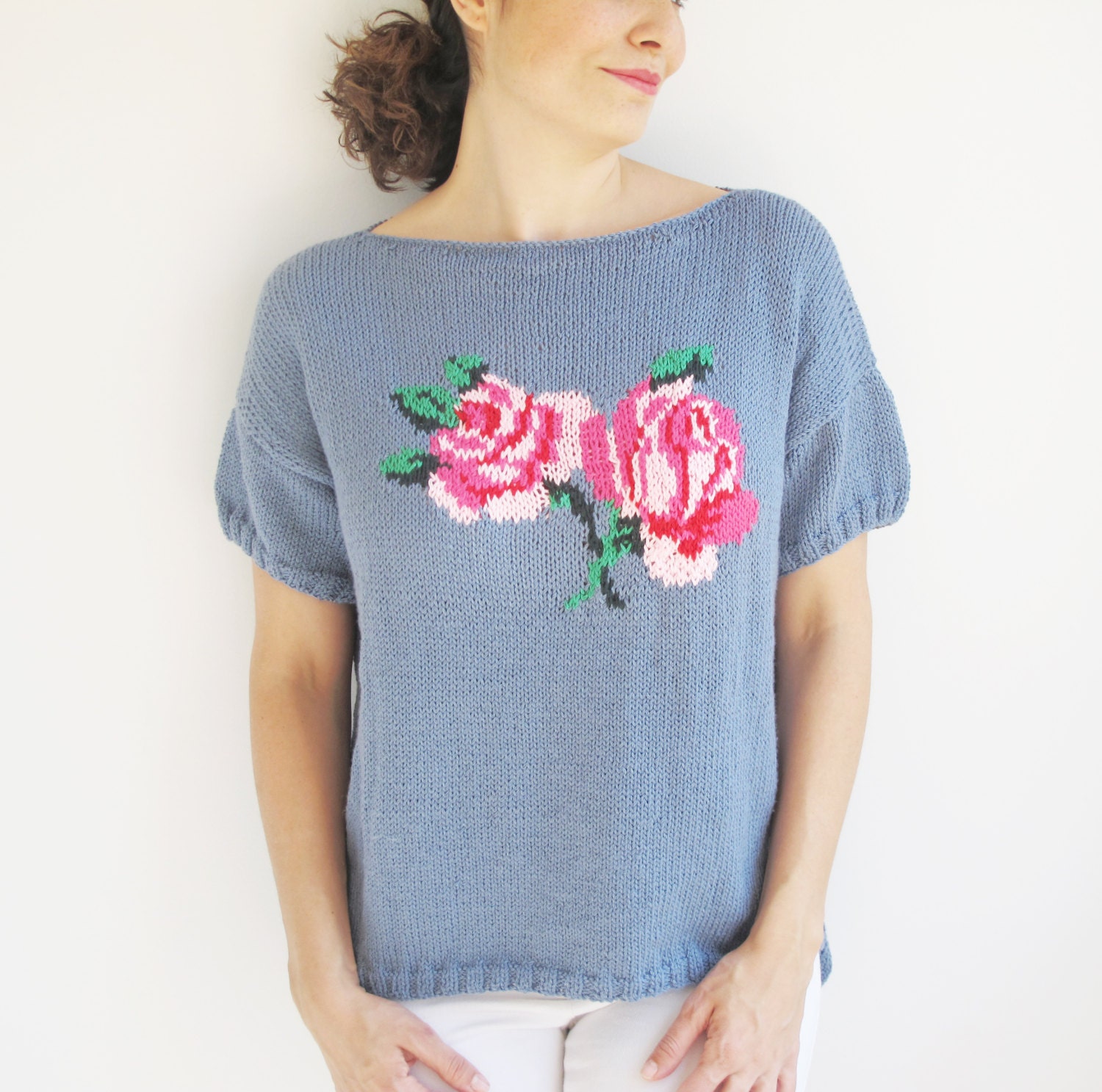Cotton Blue Hand Knitted Sweater with Roses Pattern Plus Size Over Size by Afra