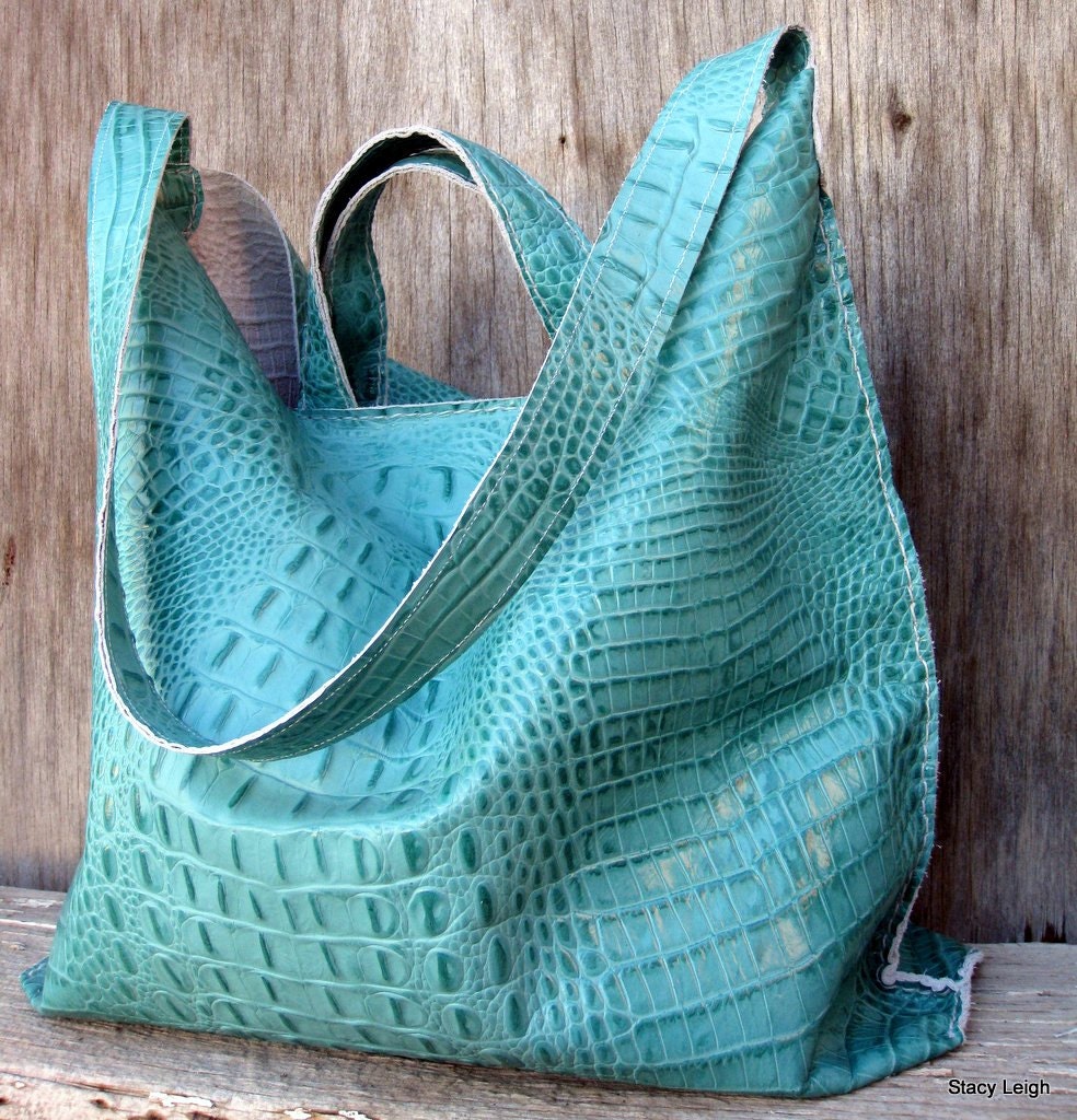 Teal Alligator Embossed Leather Shopper Tote Bag by Stacy Leigh Ready to Ship