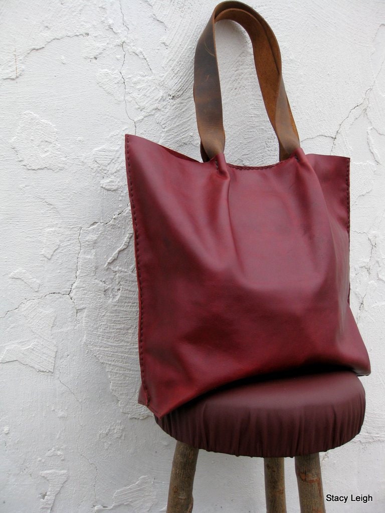 Distressed Leather Shopper Tote Bag in Dark Red Oxblood by Stacy Leigh Ready to Ship