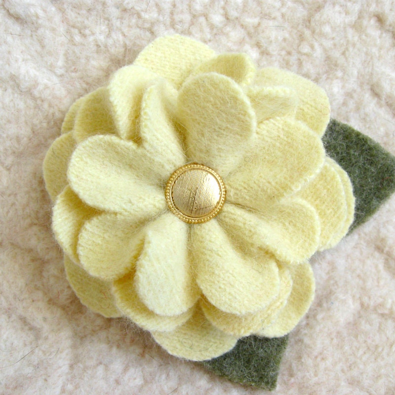 Butter Yellow Zinnia Brooch - Repurposed Sweater Wool Flower Pin