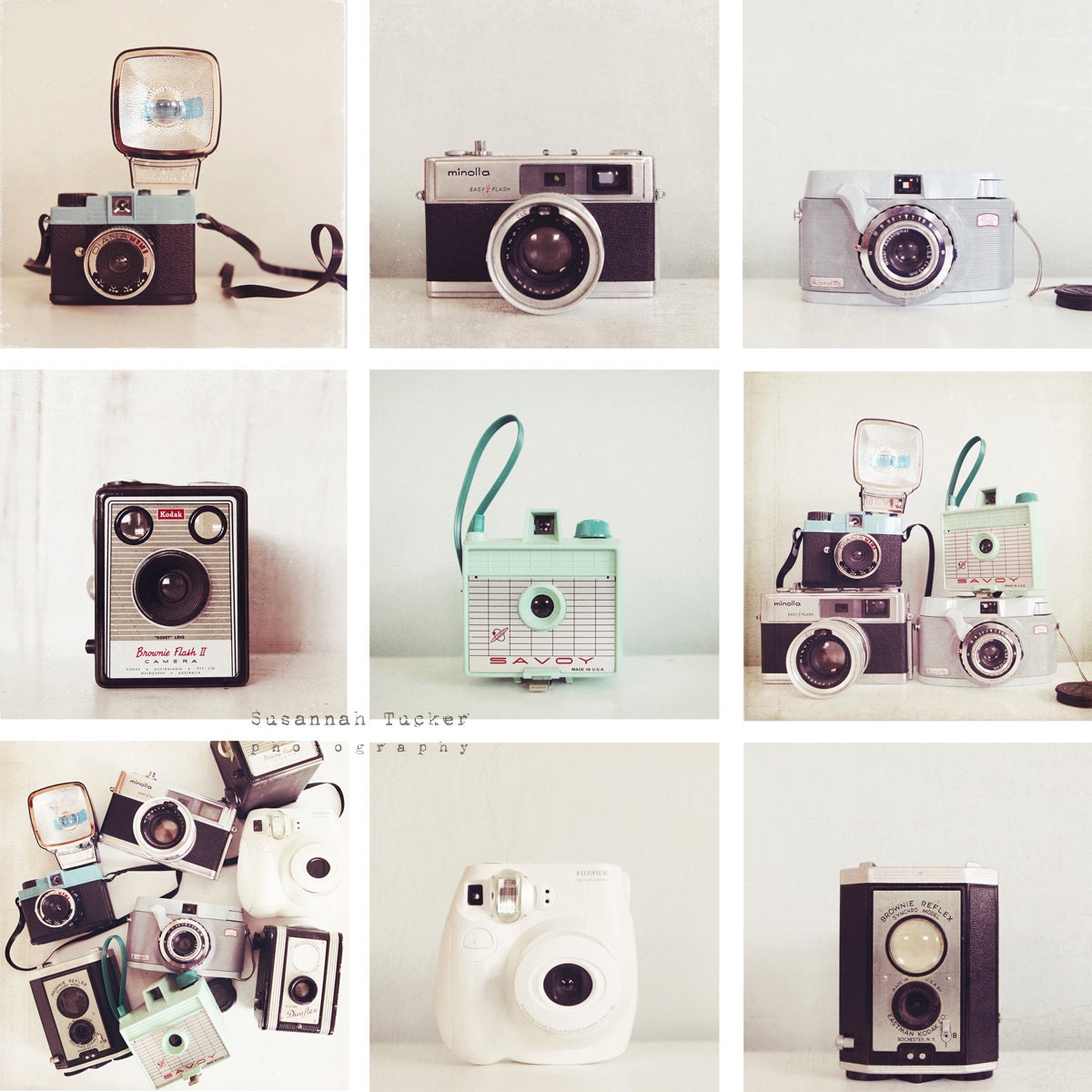 The Quirky Cameras- set of 9 8x8 vintage camera photos, wall art, for him, dorm decor, minimalist, room decor, photography