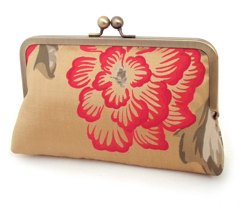 Red and gold bloom clutch bag : Printed silk purse with gift box / wedding day / bridesmaid / birthday gift
