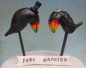 Rainbow Toucans in Love Folk Art wedding cake topper