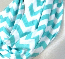 Chevron Infinity Scarf Cotton aqua Infinity Scarves Ready to Ship, Knit Jersey  Zig Zag