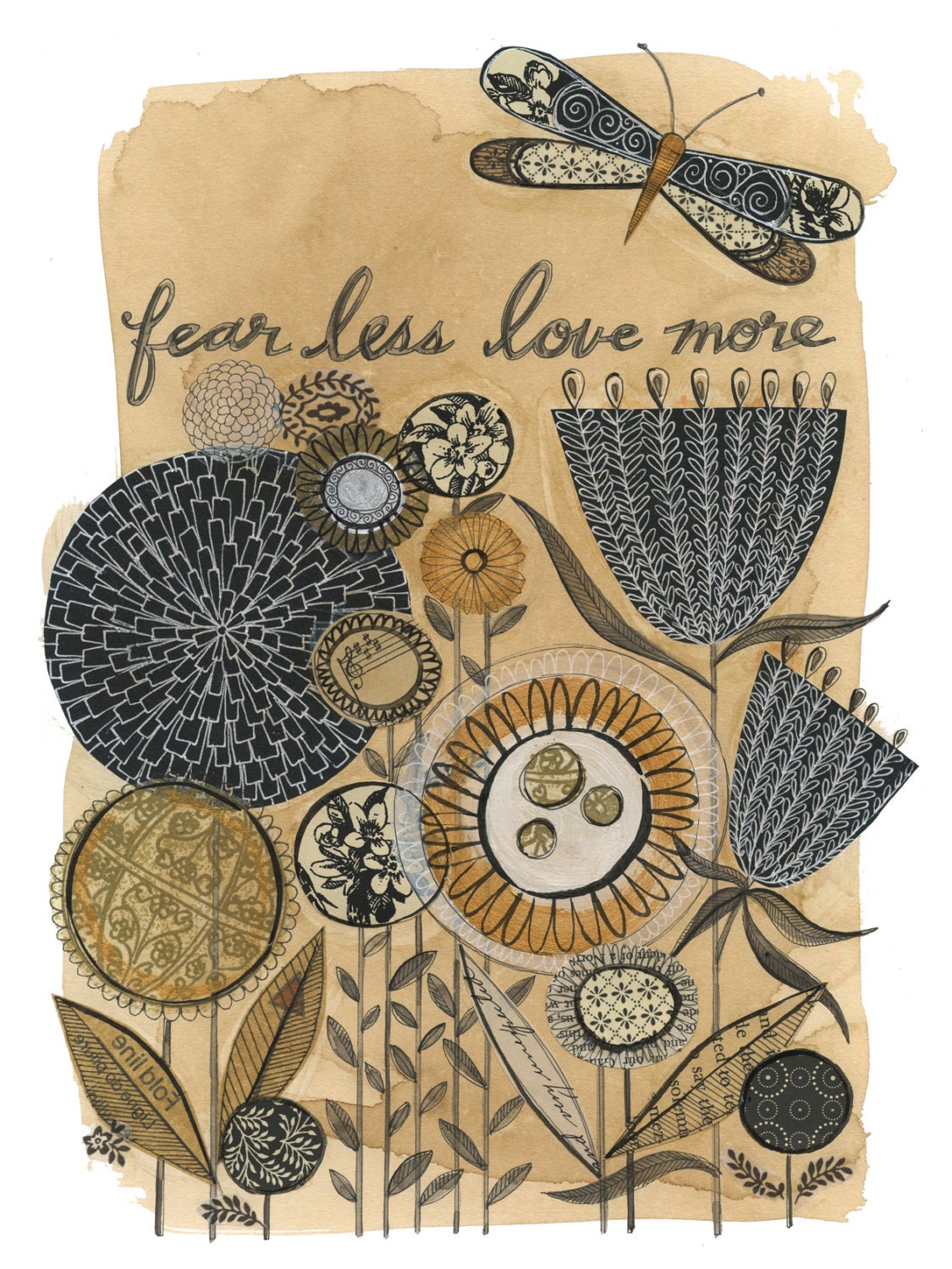 fear less, love more - ORIGINAL botanical collage, Susan Black