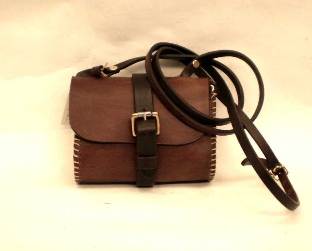 Tan and chocolate small handstitched bag