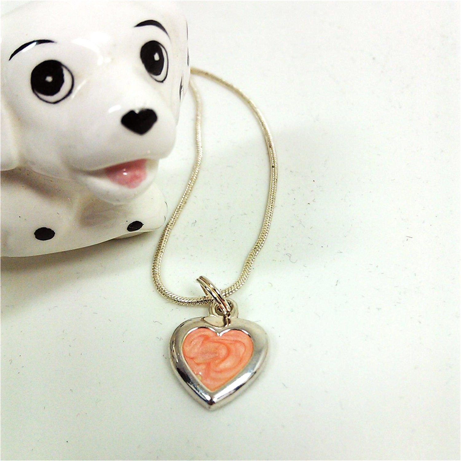 Pink Heart Necklace 17" inch Peach Coral Enameled Lariat Sterling Silver Plated Snake Chain Charm Pendant 705