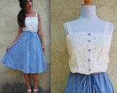 Vintage 70s White Eyelet and Chambray Sundress (size small, medium)