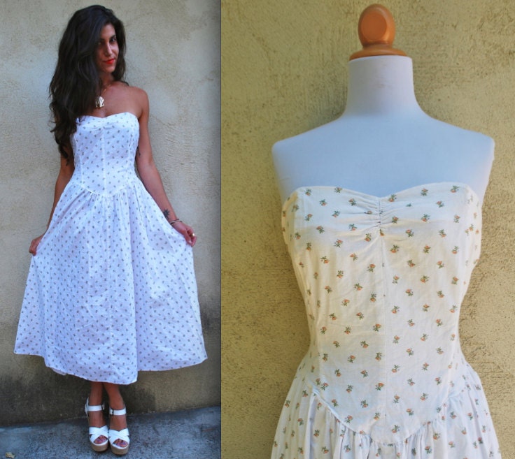 Vintage 70s Floral Strapless Prairie Dress (size small, medium)