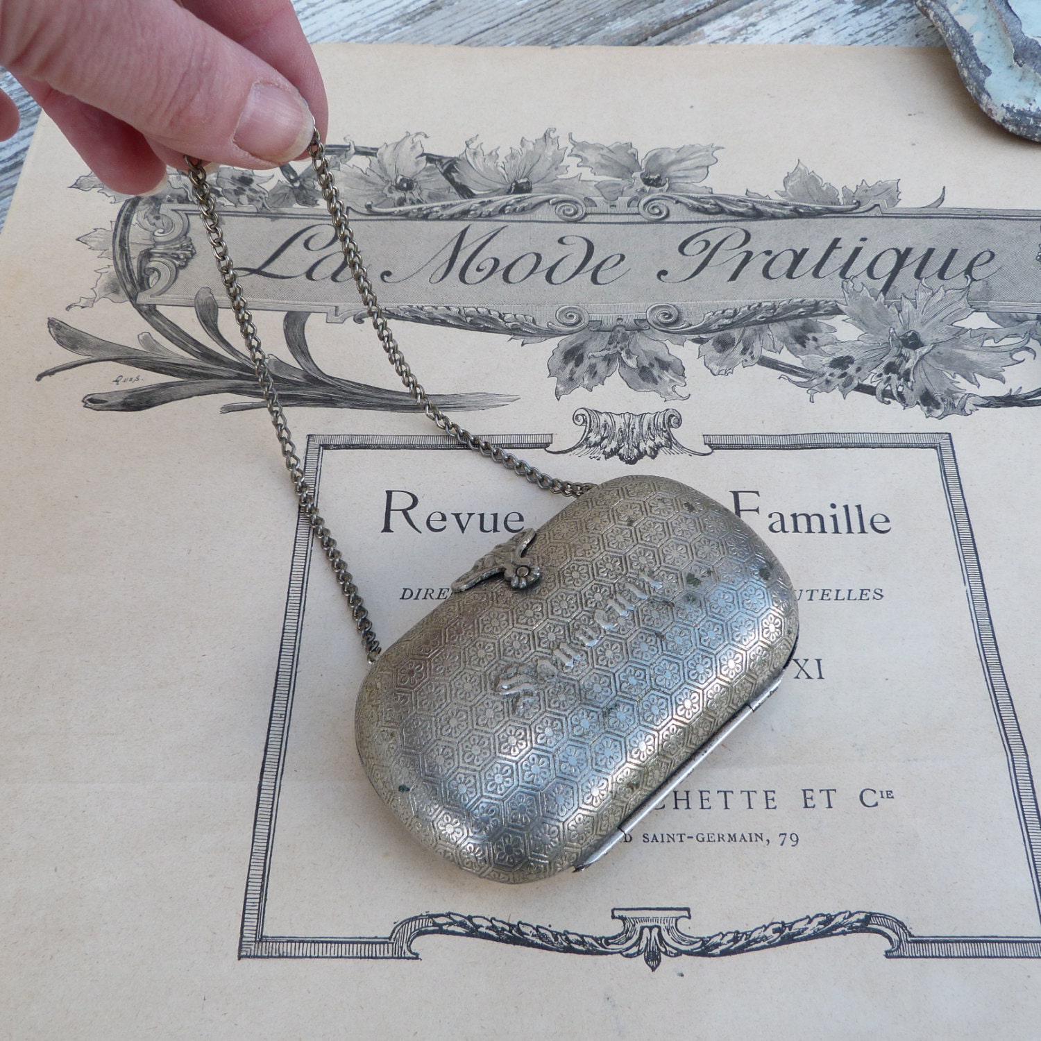 Vintage 1900 French silvered metal wallet jewel SOUVENIR purse