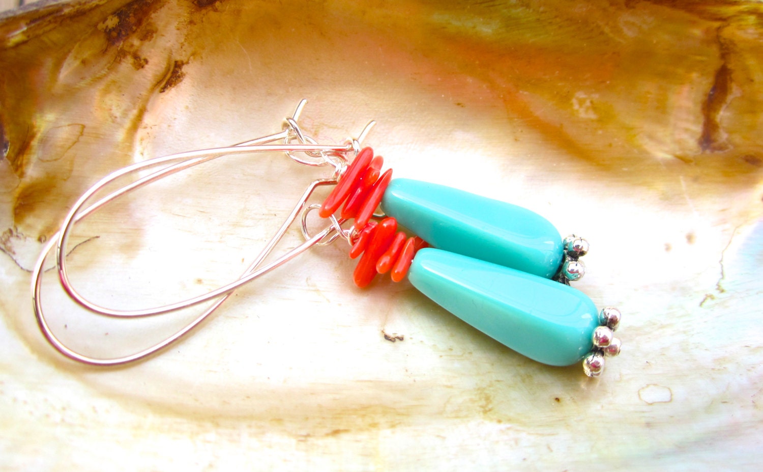 Coral turquoise drops, pretty long earrings on long silver wires