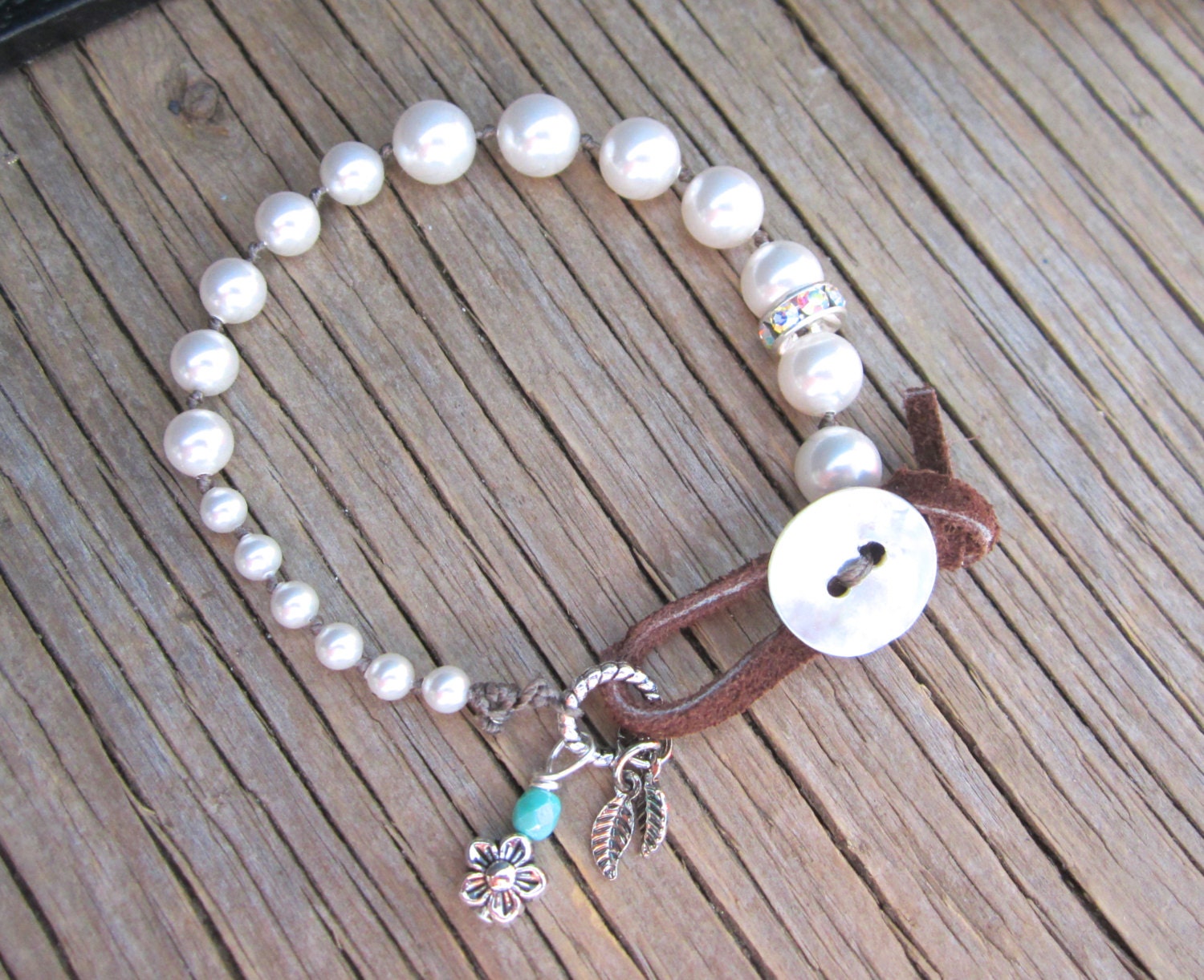 Organic Knotted Swarovski pearl bracelet with leather loop closure and pretty charms