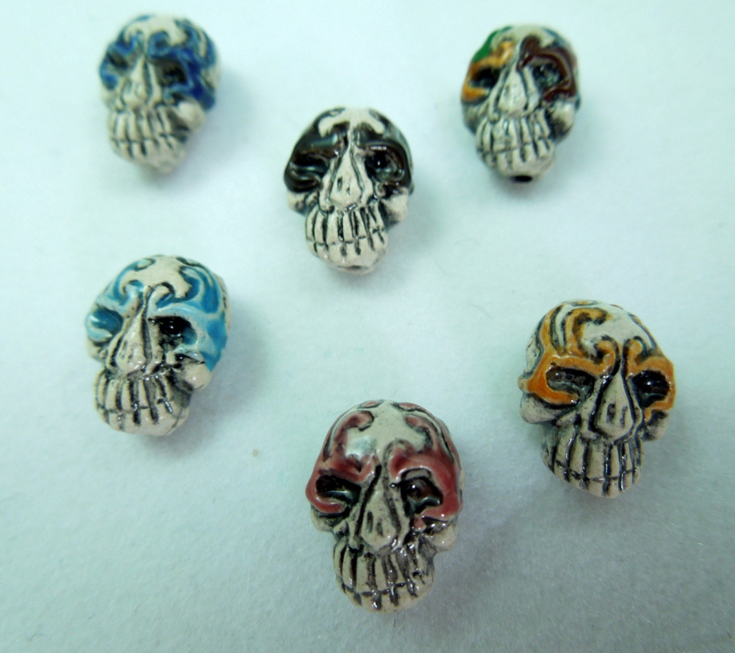 Tiny Colorful Glazed Tribal Skull beads (2)