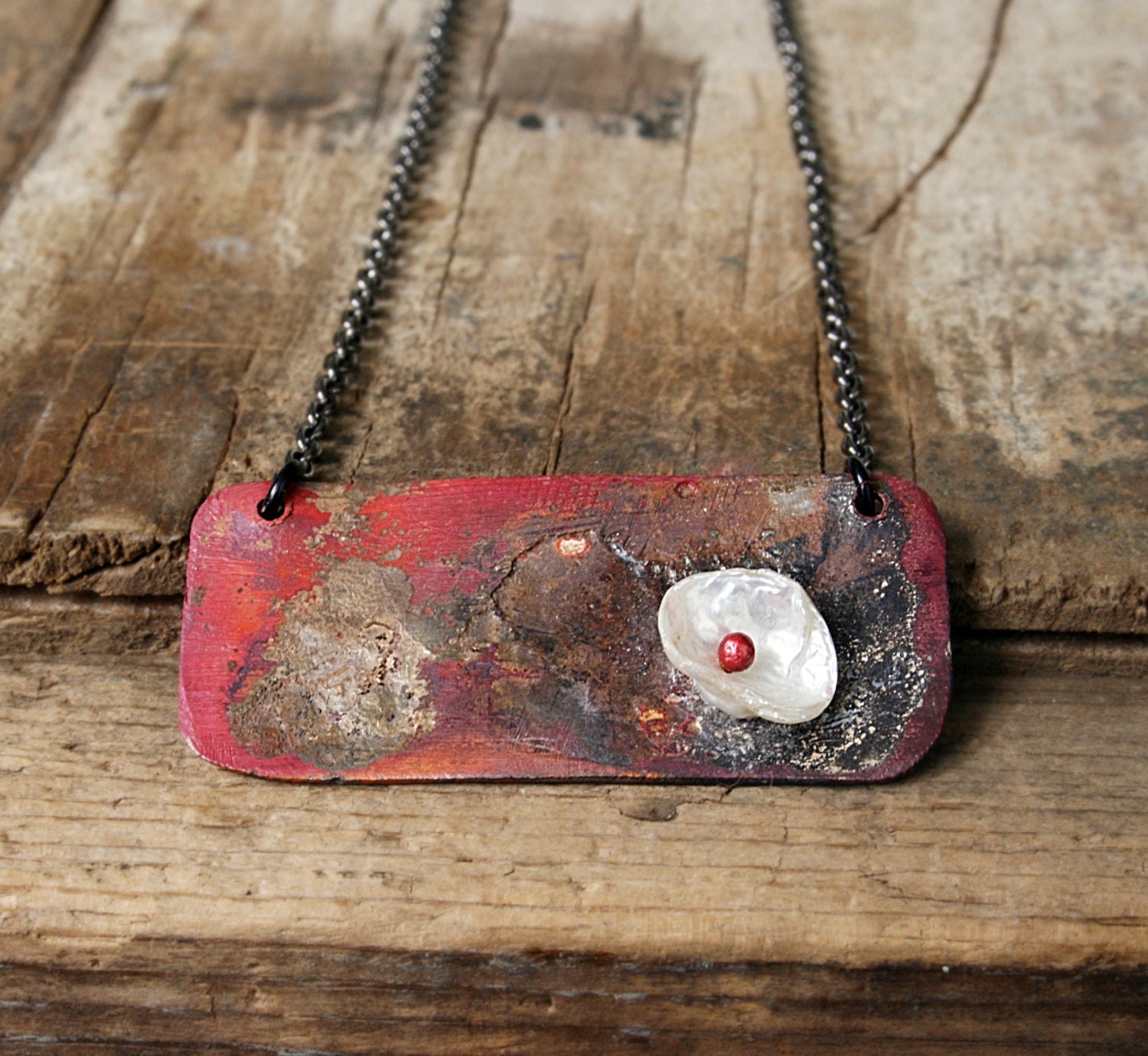 Copper metal rustic pendant heishi pearl gunmetal chain necklace seven jewelry