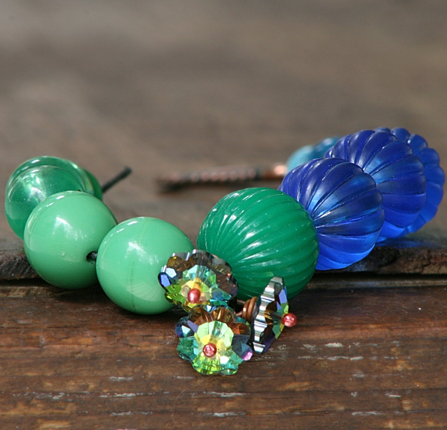 Blue green glass, lucite Swarovski flowers spring summer bracelet Seven jewelry
