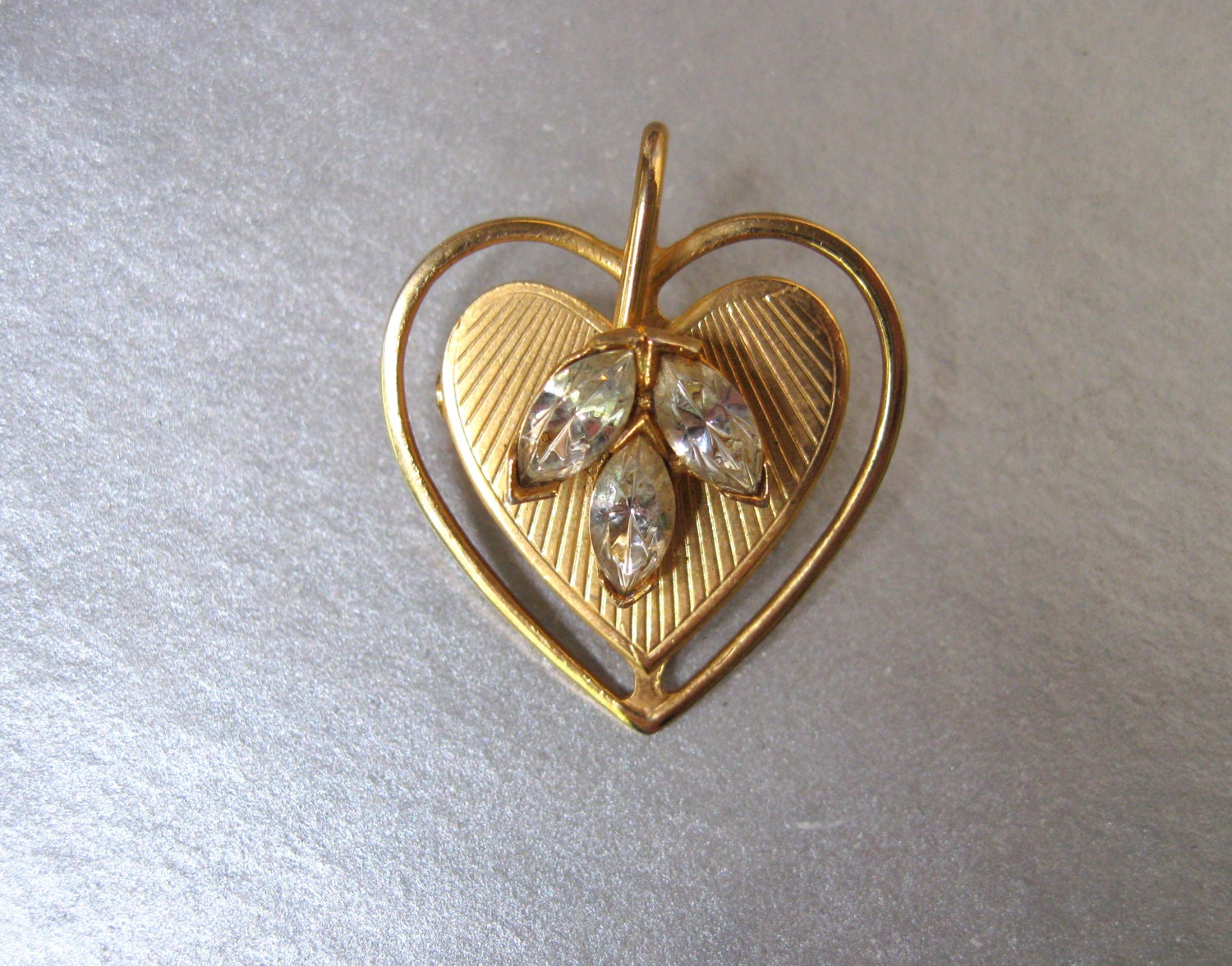 Vintage Heart Shape with Rhinestones 1960s Pin Brooch 60s Era Sweetheart Jewelry