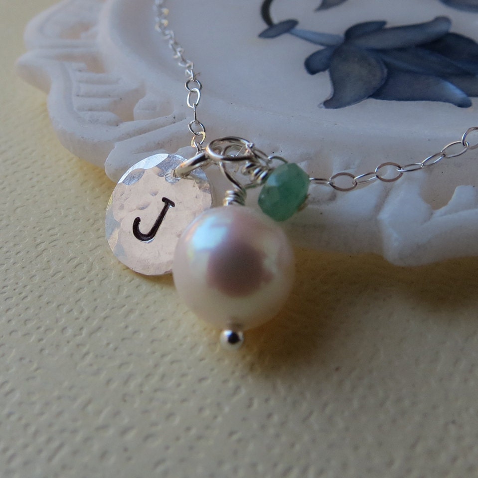 Personalized Hammered Initial Necklace, Sterling Silver Birthstone Necklace, Pearl Bridal Necklace, Bridesmaids Gifts, Bridal Party
