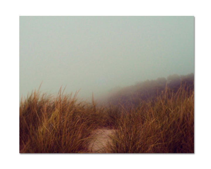 Beach Fog Photograph, 8x10 Print,  Ethereal Photo, Soft Gray, Warm Brown Grass, Lake Michigan Photo, Cottage Decor