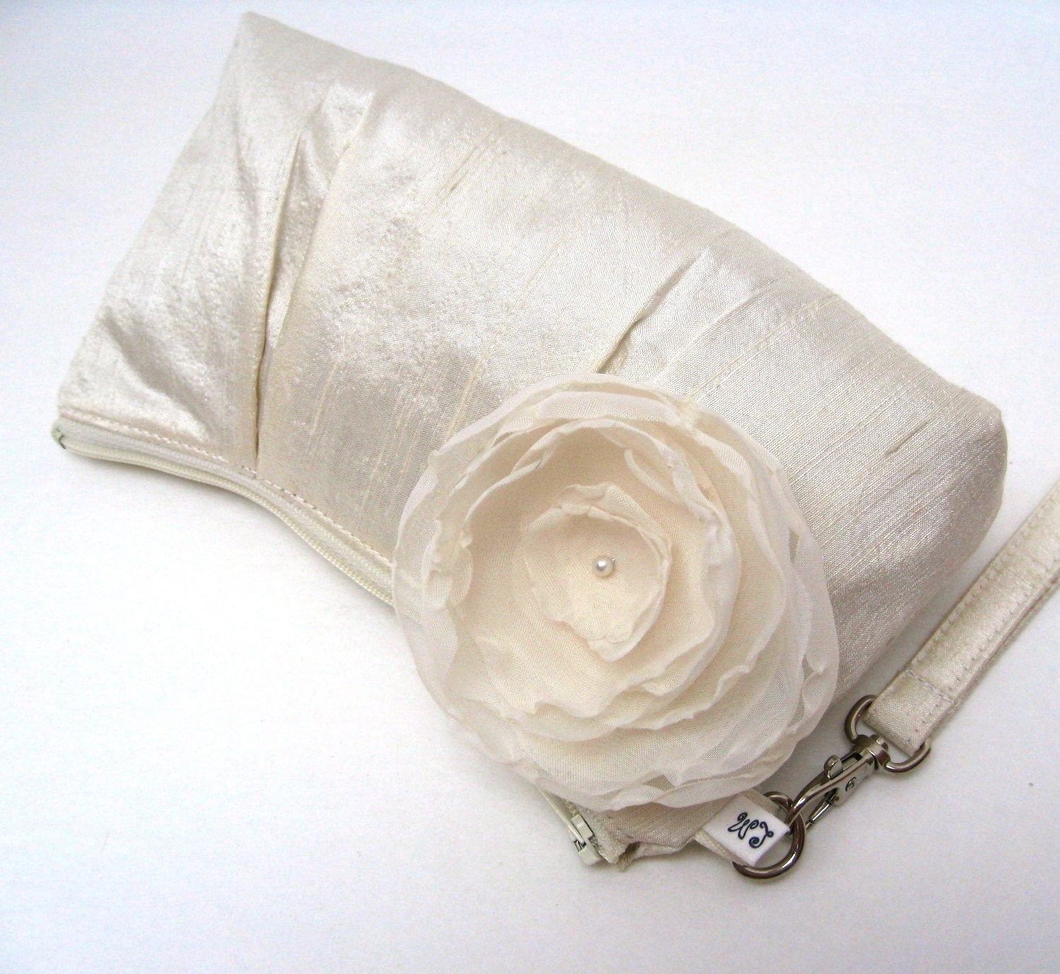 Bridal Bridesmaid Clutch Purse Rectangular Wristlet - Ivory Cream Dupioni Silk with Flower Brooch
