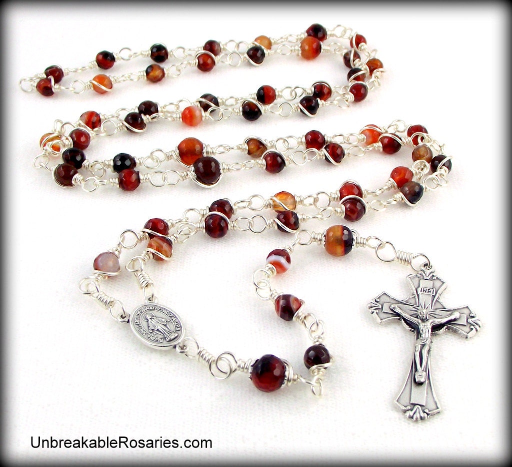Miraculous Medal Wire Wrapped Rosary Beads In Faceted Dream Agate by Unbreakable Rosaries