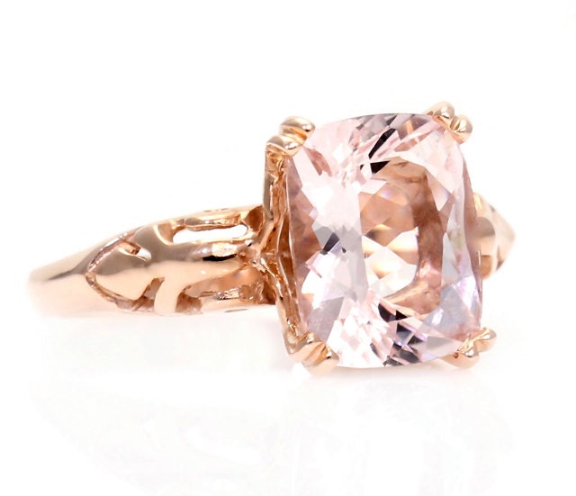 Double Prong Cushion Morganite Ring Vintage Leaf Solitaire Morganite Engagement Ring 14K White Yellow Rose Gold Bridal Jewelry
