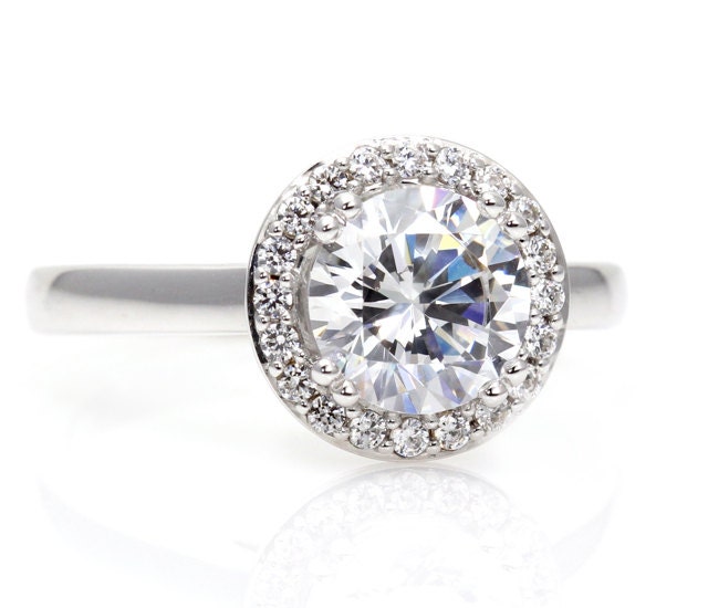 Platinum Moissanite Engagement Ring Diamond Halo Plain Band Double Prong Forever Brilliant Moissanite Ring Conflict Free Custom