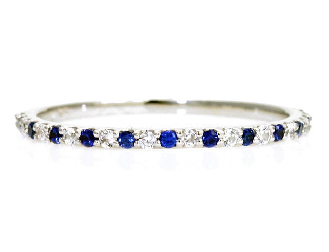 14K Blue Sapphire Anniversary Band Stacking White Sapphire Ring Wedding Band Birthstone Ring White Yellow Rose Gold