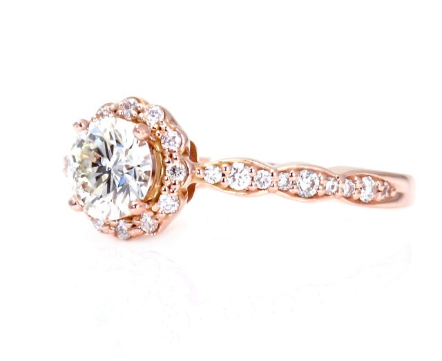 14K Rose Gold Moissanite Engagement Ring Diamond Halo 18K Platinum Palladium Bridal Jewelry