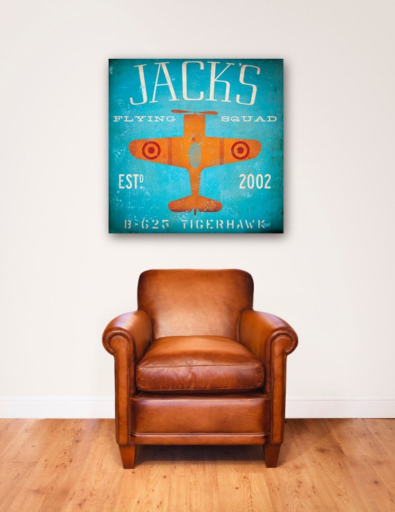 Children's Art flying squadron airplane custom colors and name graphic art gallery wrap on 24 x 24  canvas