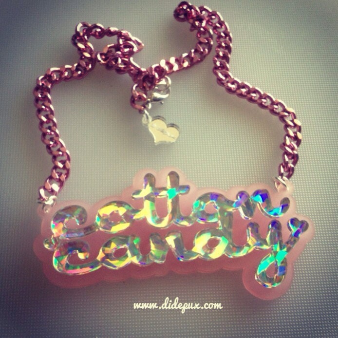 COTTON CANDY pastel pink and galaxy holographic word laser cut necklace