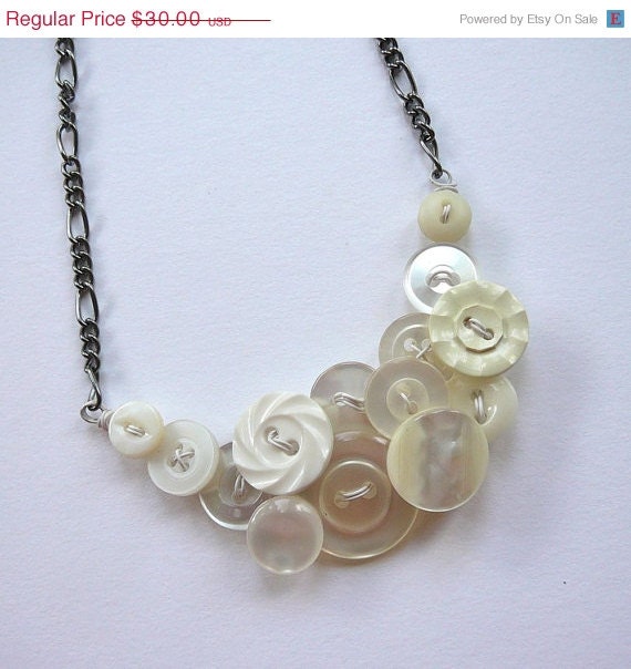 ON SALE White on White Small Elegant Vintage Button Jewelry Necklace - Bridal Jewelry