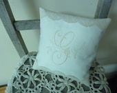 Monogrammed pillow  G with Rose & Vintage Lace,  Ecru on  White Linen