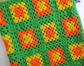 Cuddle Up... Vintage Handmade Green Yellow and Orange Granny Square Afghan