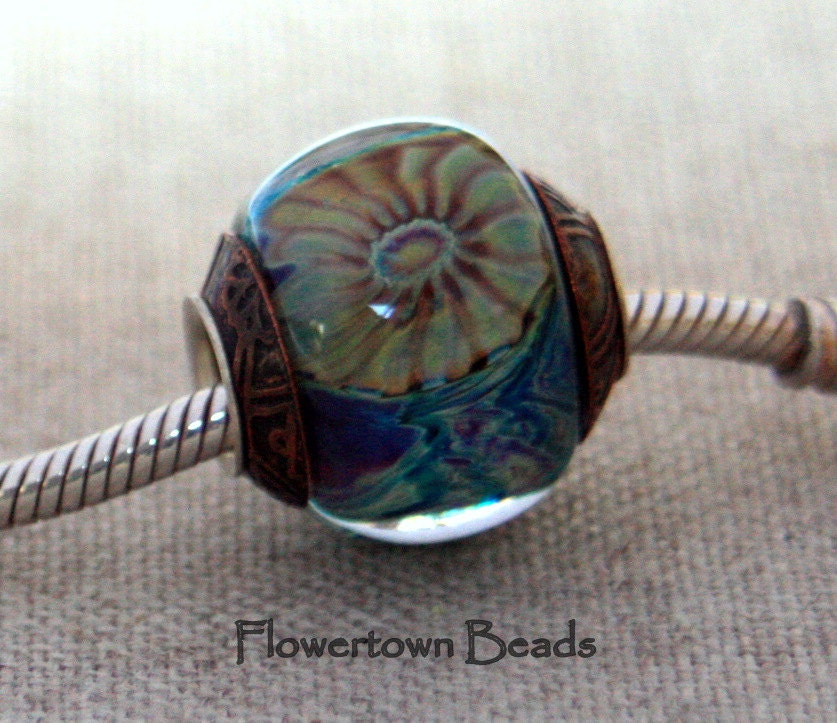 Lampwork Big Hole Bead, Mostly Blue Silver Glass with Murrini, Encased, SRA