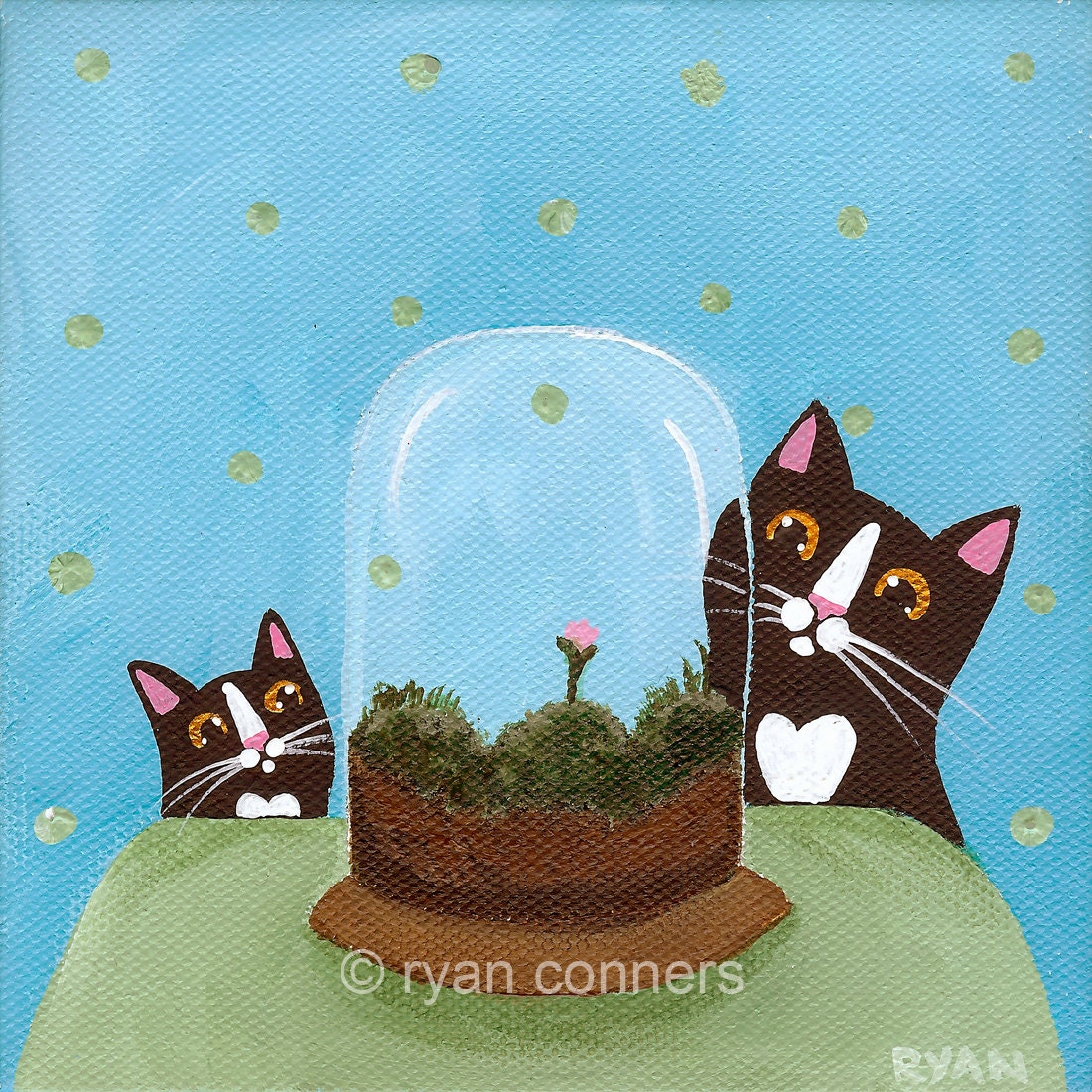 Curious Cats and Terrarium Folk Art Digital Print