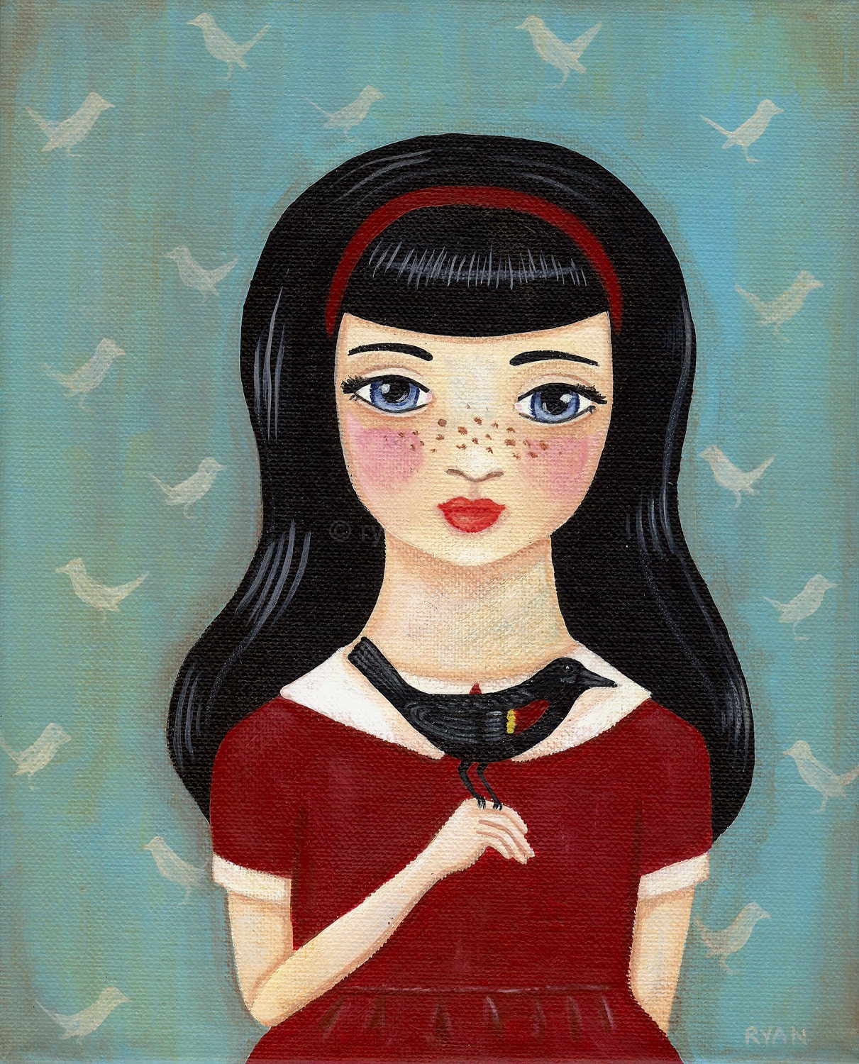 A Girl and Her Blackbird Original Bird Folk Art Painting
