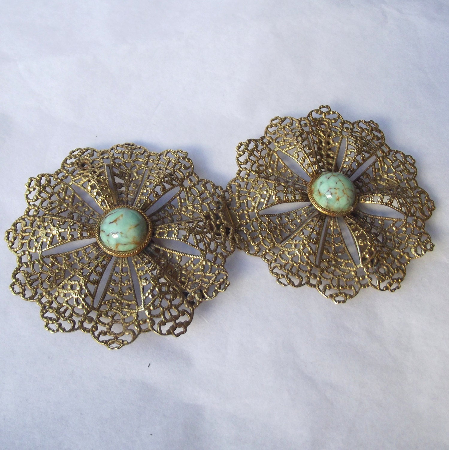 Vintage Filigree Buckle, Victorian, Glass Cab Stone, 1920 1930 1940s, Two Piece, Flower Motif, Lacy, Gatsby