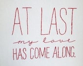 At Last by Etta James.  Hand Embroidered Art. Canvas Art, Embroidered Music Lyrics.  At Last My Love Has Come Along